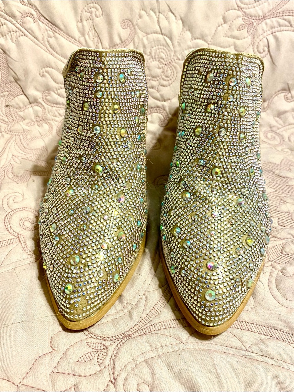 Crystal-Embellished Gold Pointed-Toe Mules